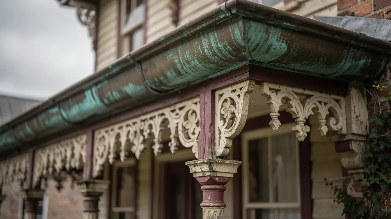 Copper gutter with green patina running along the porch roof of a Victorian house with carved trim