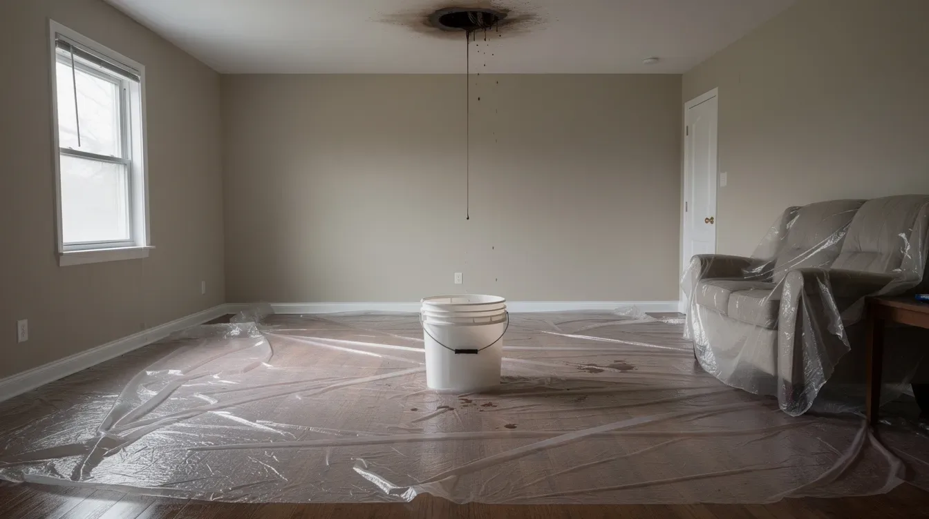 Interior bucket catching a ceiling drip with plastic sheeting spread across the hardwood floor to limit interior damage from a leaking roof