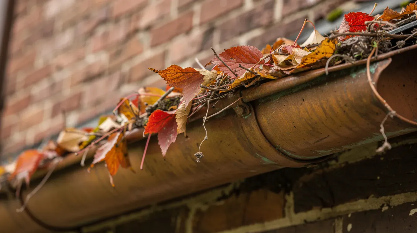 Copper half round gutter on a brick building filled with red and orange autumn leaves and small twigs