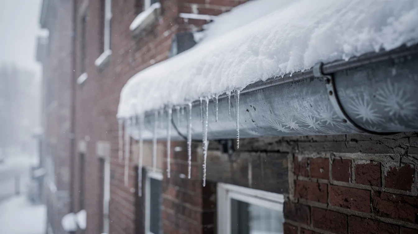 Icicles forming along a metal gutter on a multi story brick building in a New England winter, with snow on the flat roof above
