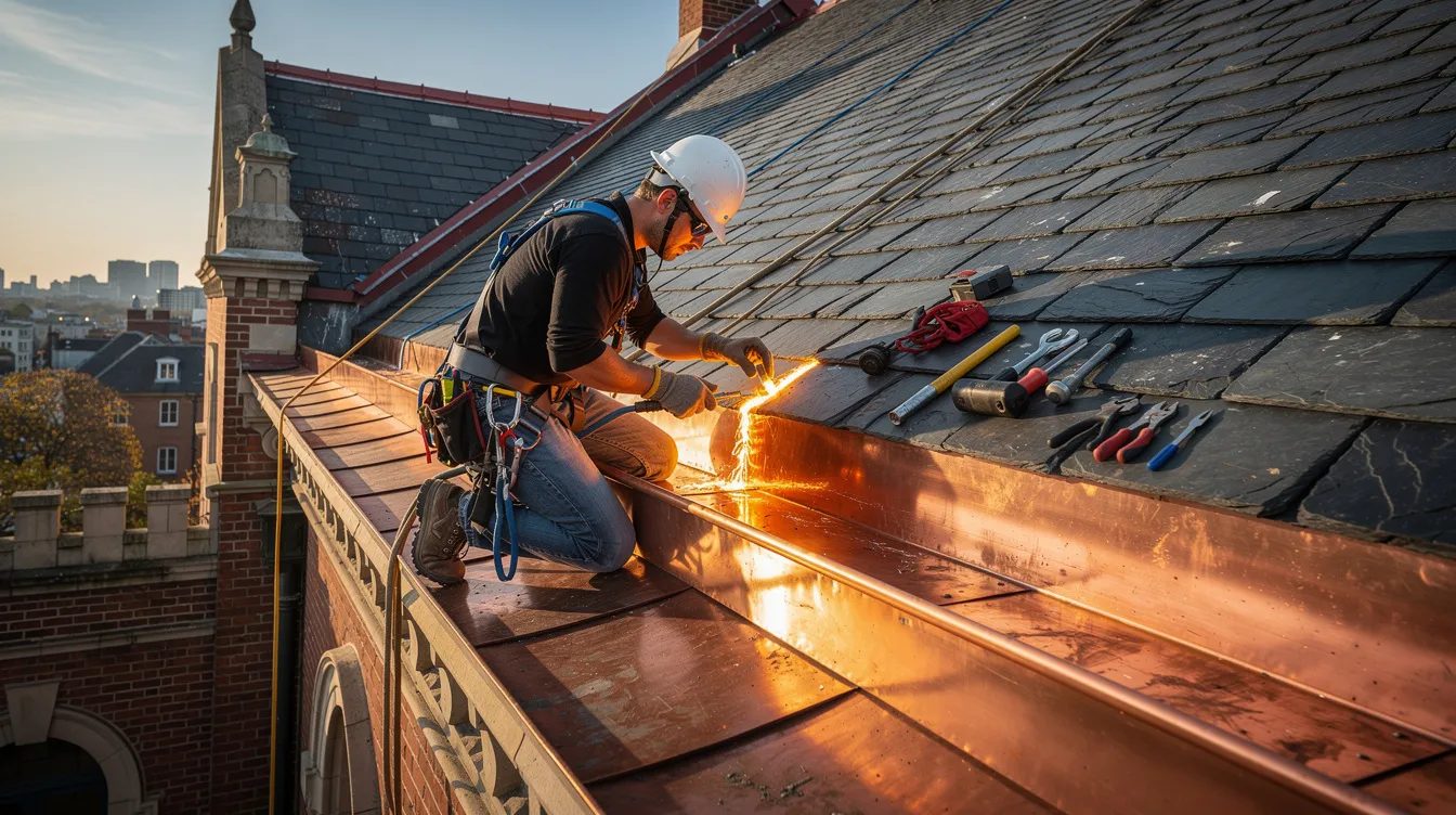 Roofer soldering a copper box gutter liner on a steep historic roof with safety harness