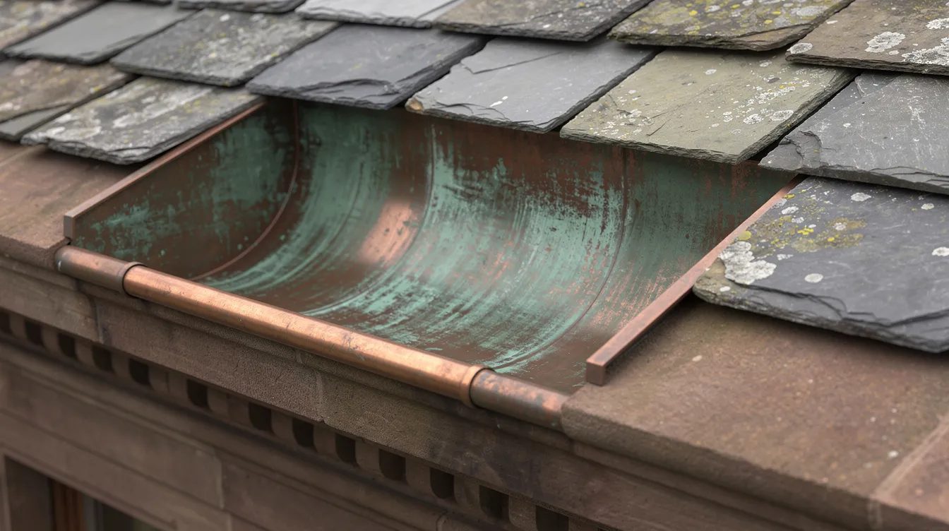 Copper lined box gutter trough built into a slate roofline on a historic Greater Boston home
