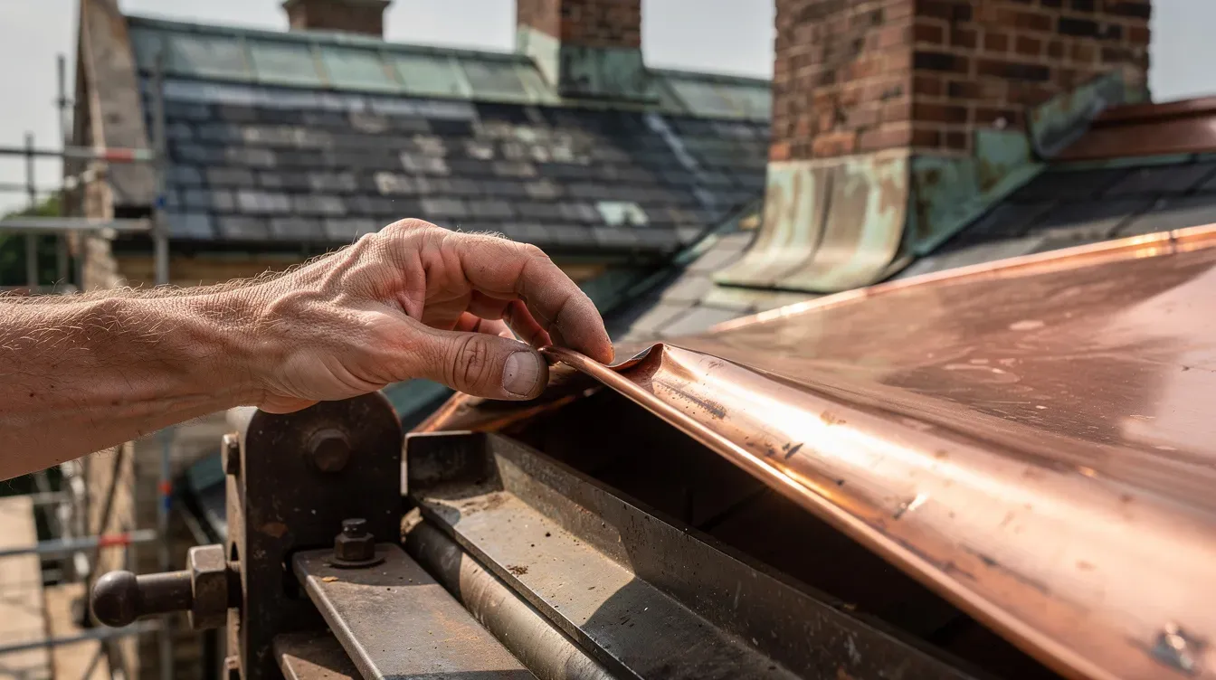 Illustration of a roofer's hand bending a sheet of copper flashing on a metal brake beside a slate roof with chimneys
