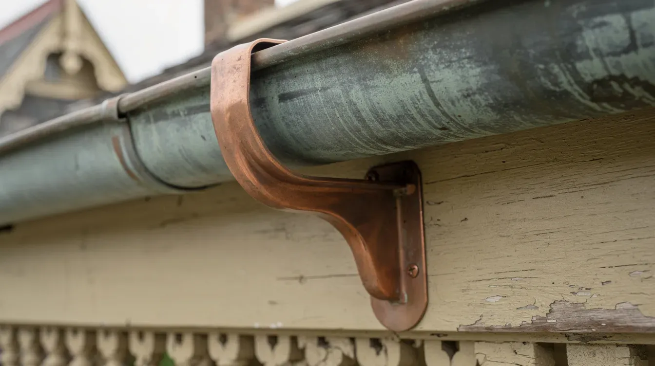 Illustration of a copper bracket holding a patinated half-round gutter on a painted wood fascia board with Victorian trim