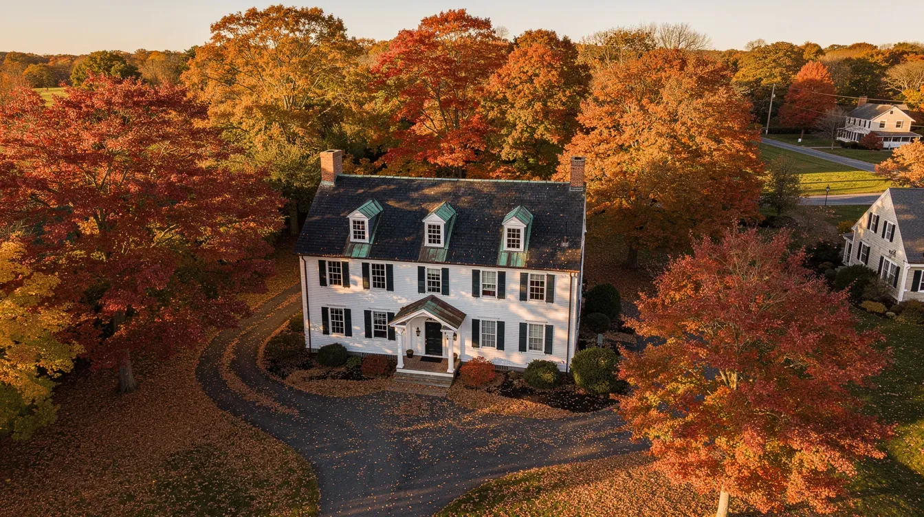 Aerial view of a white colonial house with black shutters, three dormers, and two chimneys, surrounded by red and orange fall trees