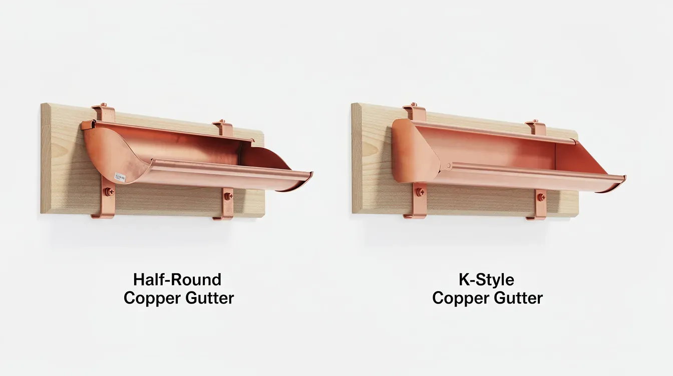 Two copper gutter sections on wood mounting boards with copper hangers, labeled Half-Round Copper Gutter and K-Style Copper Gutter