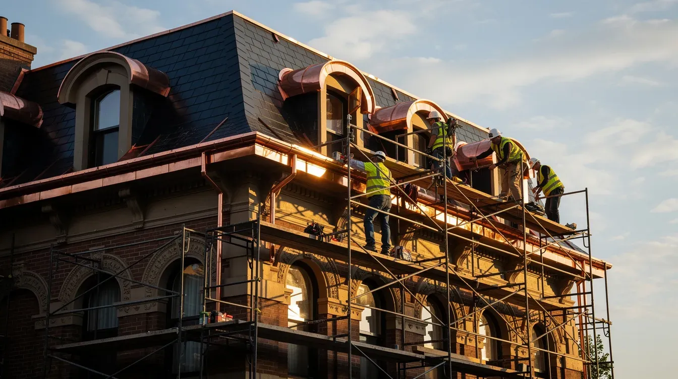 Workers in hard hats and safety vests on scaffolding at the cornice of a brick building with a slate mansard roof and copper clad dormers