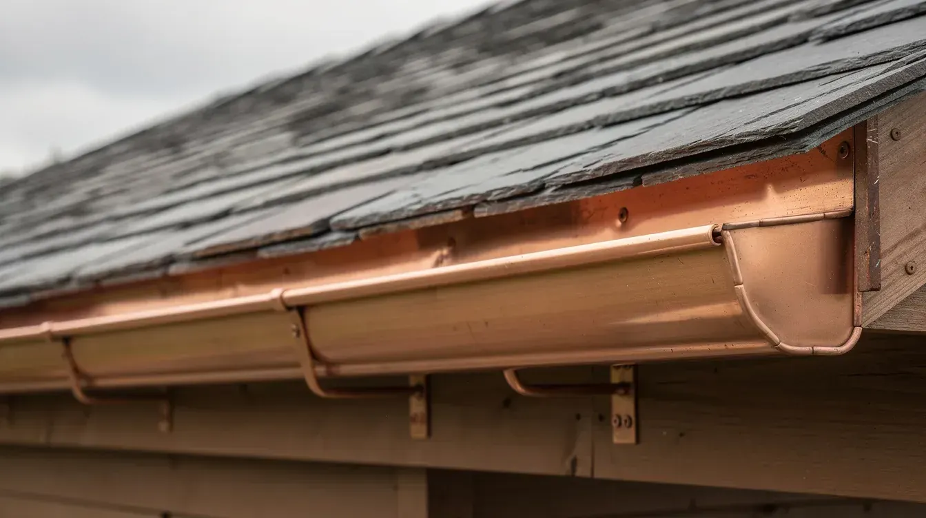 A copper half round gutter on brackets beneath the edge of a dark slate roof