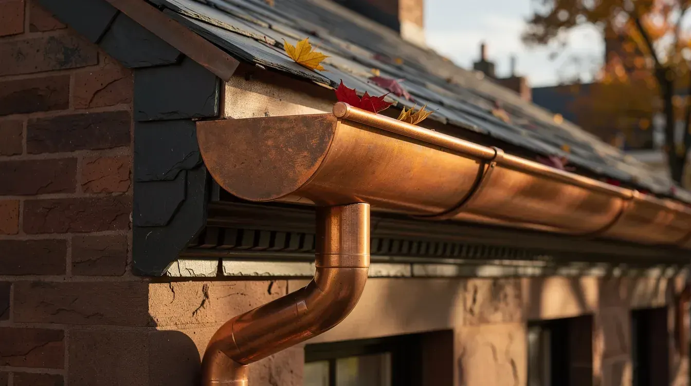 A copper half round gutter and downspout on a brick house with autumn leaves in the background