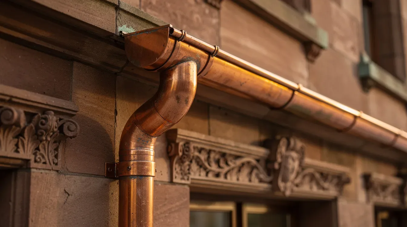 Illustration of a copper half round gutter and downspout on a carved brownstone facade with no gutter guard