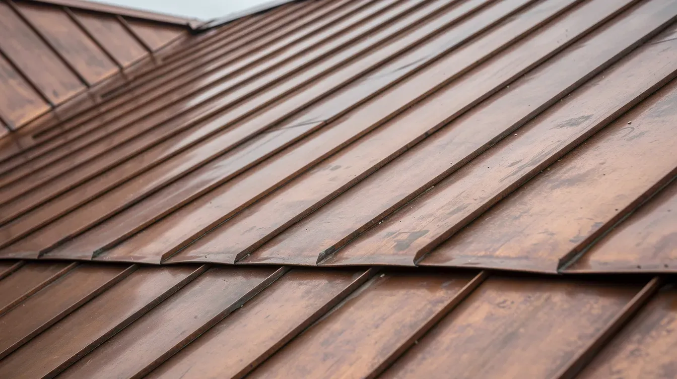 Close up of standing seam copper roofing panels weathered to an uneven brown, with vertical ribs and a transverse seam