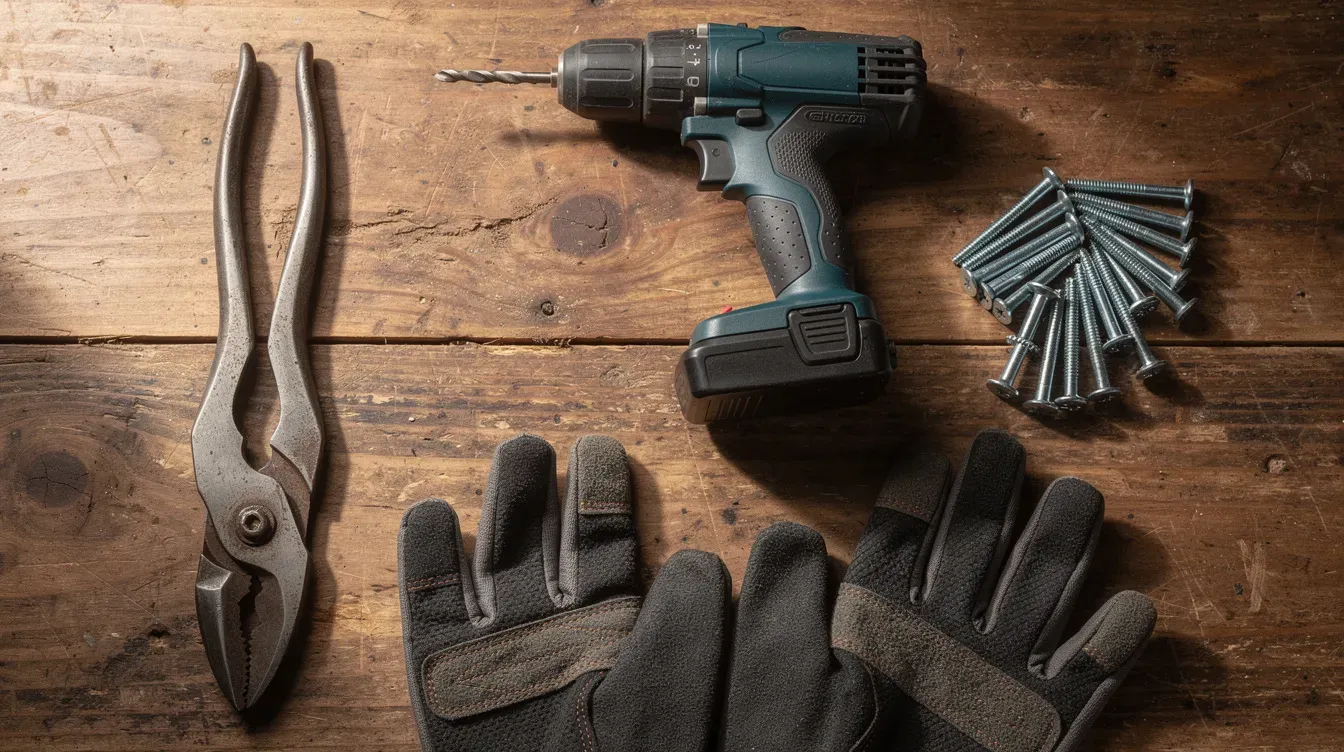Illustration of a cordless drill, pliers, bolts and work gloves laid out on a wood surface