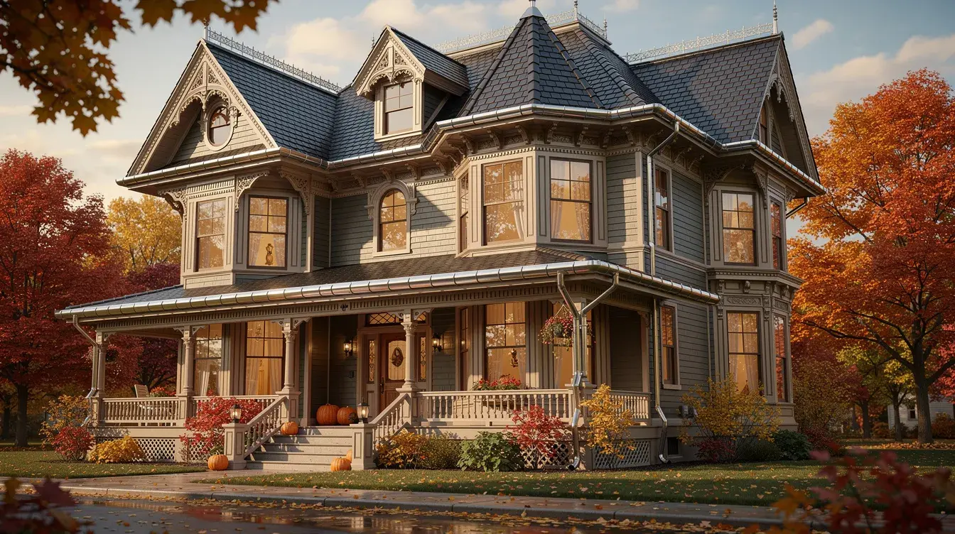 Illustration of a Victorian house with a slate roof, metal gutters and downspouts, surrounded by autumn trees