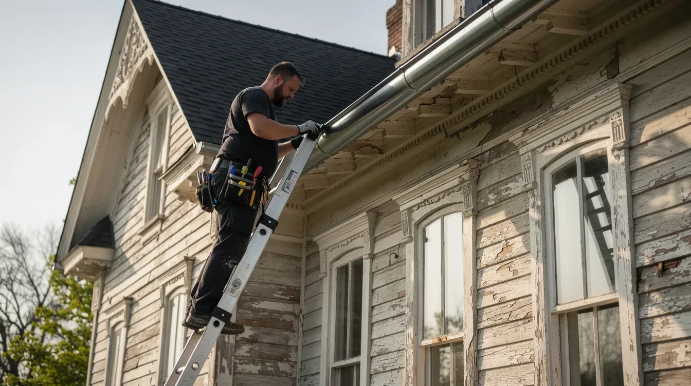 Illustration of a worker on a ladder leaning against a metal gutter on an old clapboard house with an ornate eave
