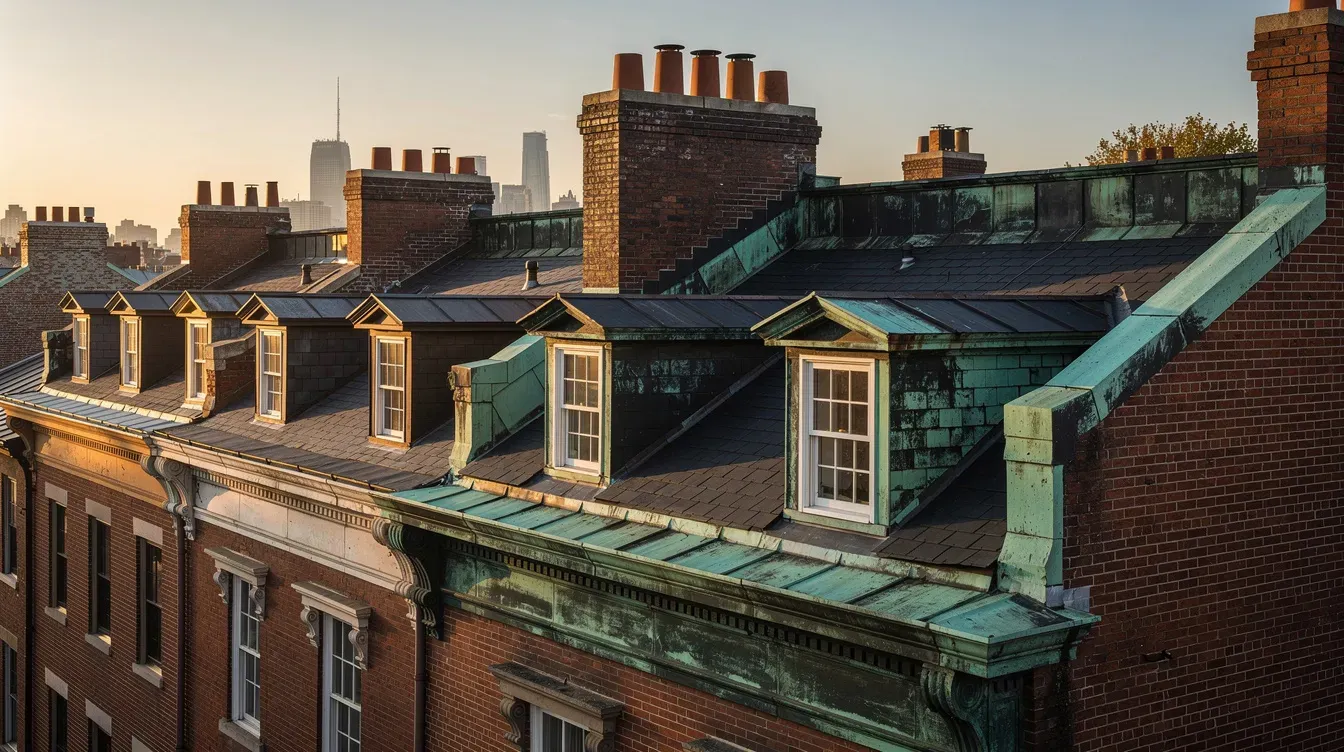 Weathered green copper flashing on dormers and cornices of historic brick rowhouses with slate roofs