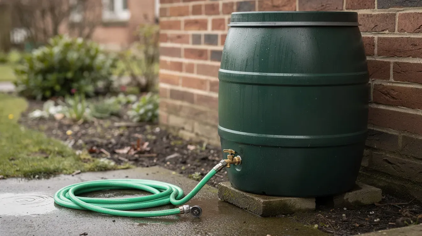 Illustration of a green rain barrel with a brass spigot and garden hose on a stone base beside a brick wall