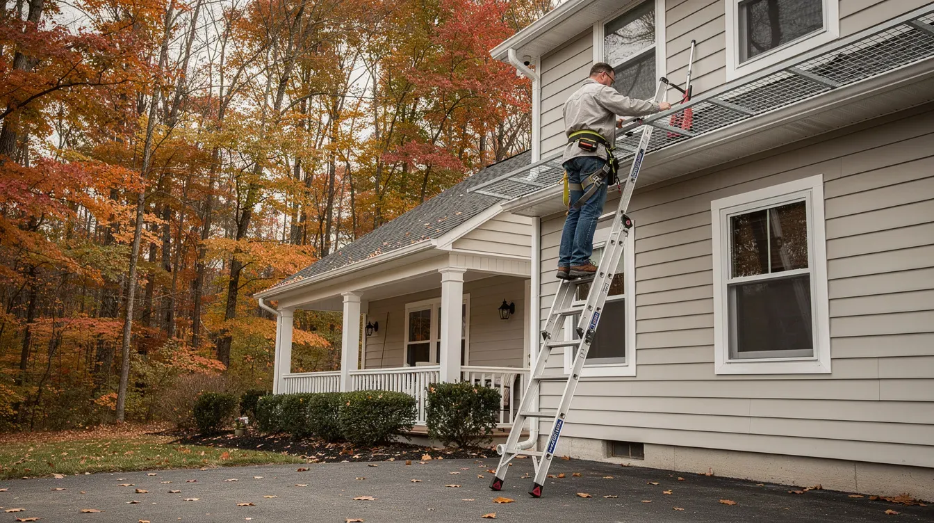 Man on an extension ladder checking metal gutter guards on a two story house with fall trees behind it