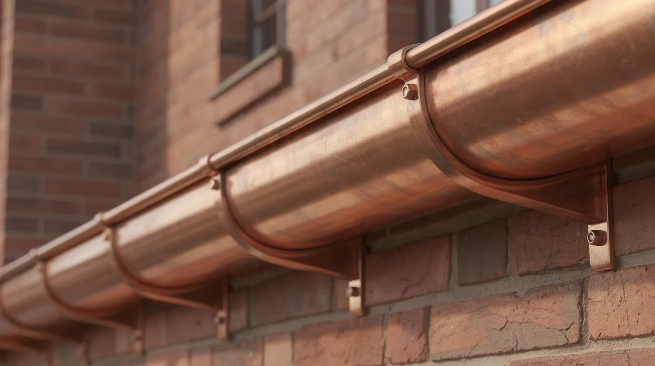 New copper half round gutter held by exposed brackets along a brick facade