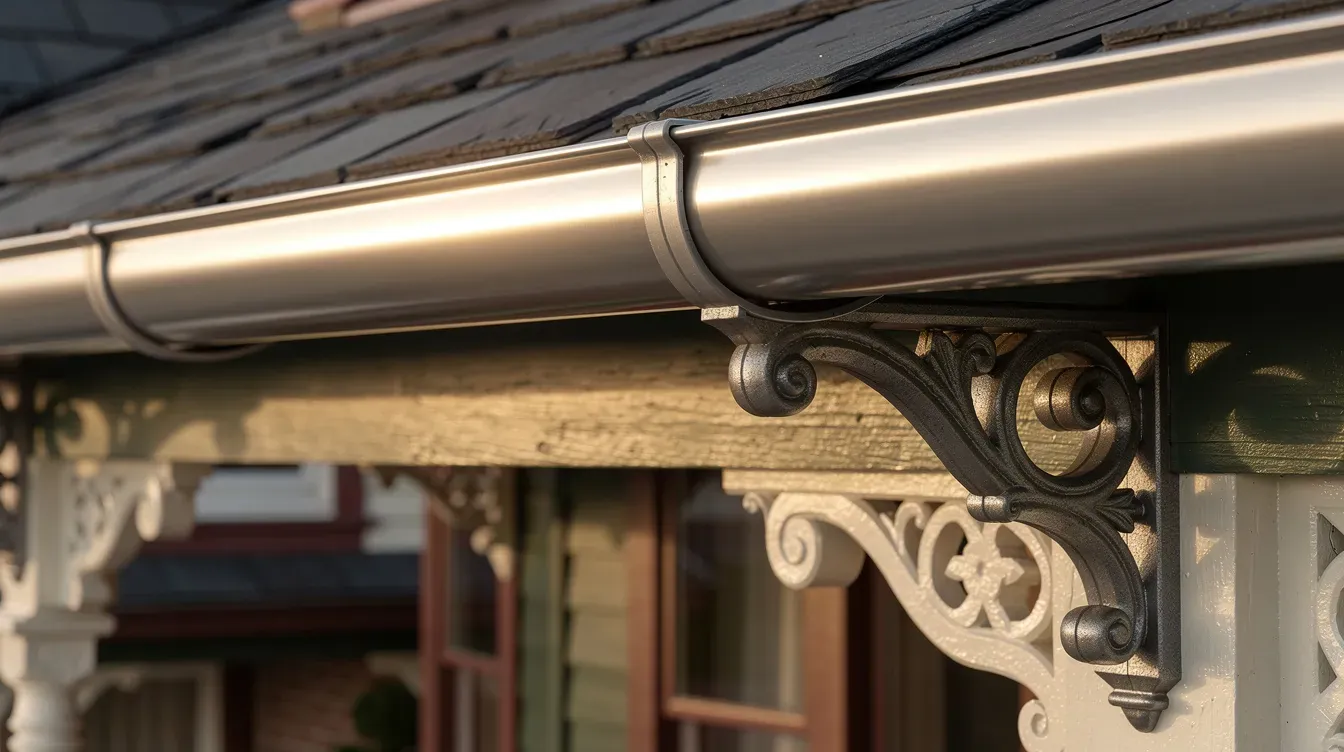 A half round gutter on a scrolled black iron bracket under a dark slate roof, above a painted porch with carved white brackets