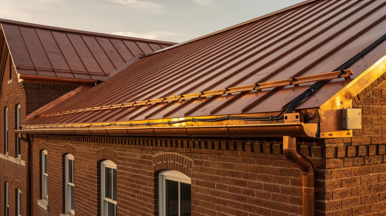 Heating cable run along the eaves and gutter of a standing seam metal roof on a brick building