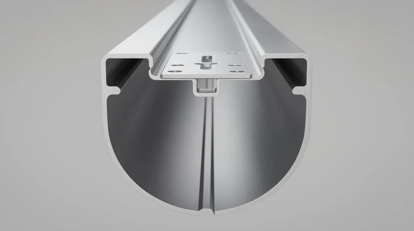 Stylized illustration of an aluminum gutter cross-section with a hanger plate spanning the inside of the gutter at the top