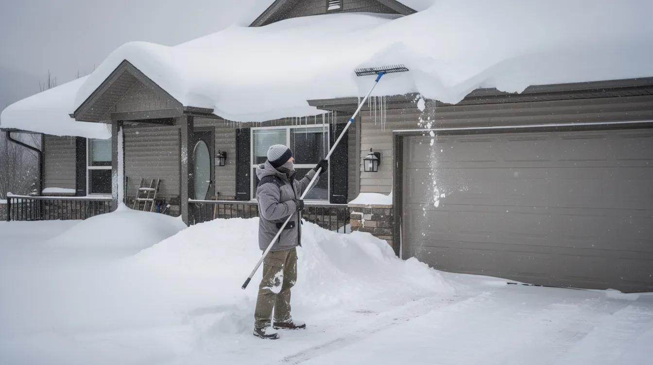 Person standing on the ground in a snowy driveway pulling snow off the edge of a house roof with a long roof rake