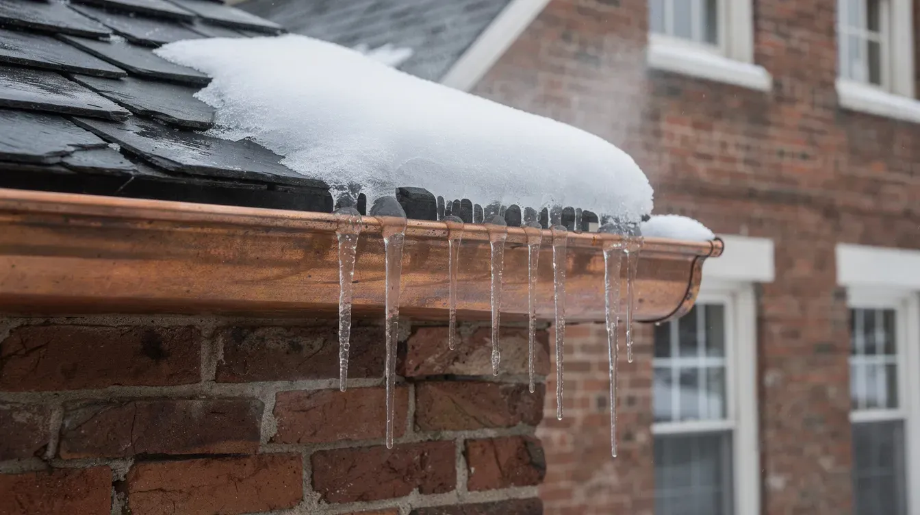 Snow and icicles hanging from a copper gutter at the eave of a slate roof on a brick house