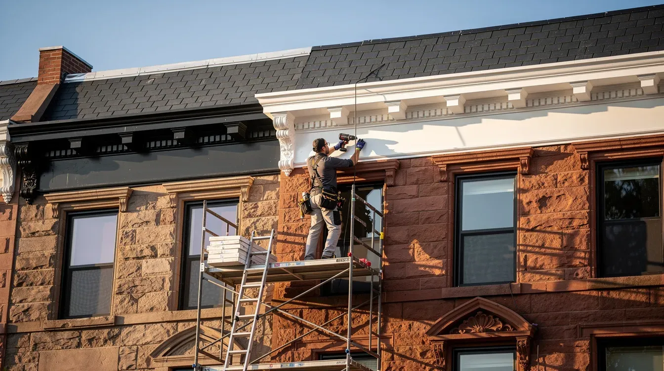 Worker on scaffolding fastening new fascia trim along the cornice of a brownstone row house with a slate mansard roof