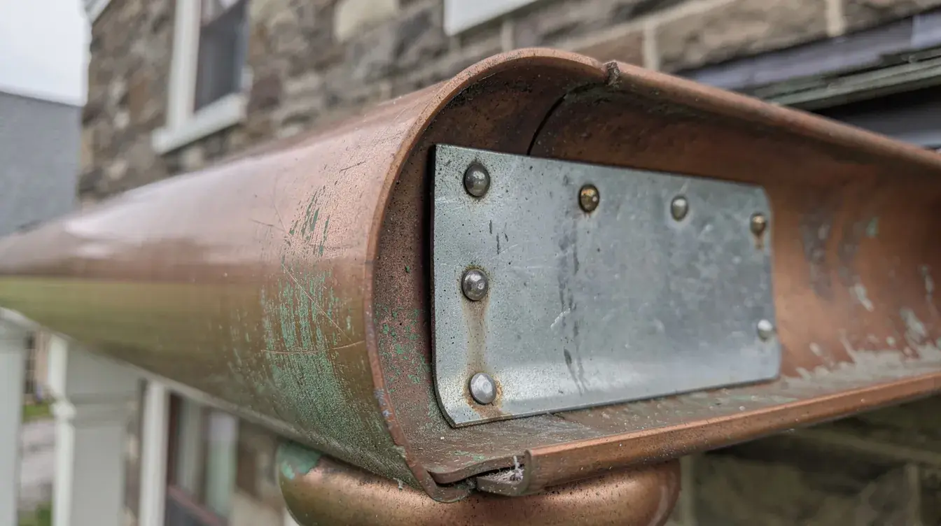 Close view of a metal splash guard fastened with screws to the end of a copper half-round gutter