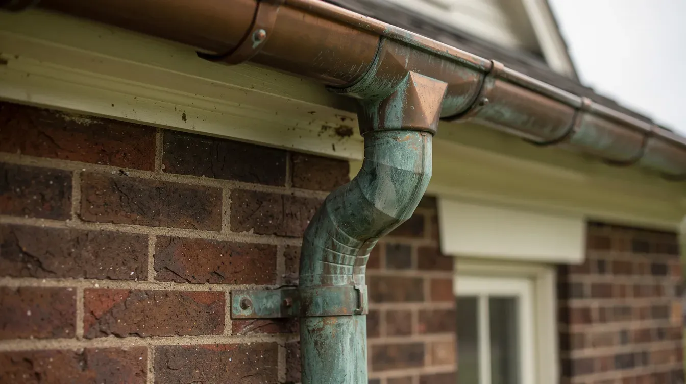 Copper gutter and downspout with a green patina against an old brick wall