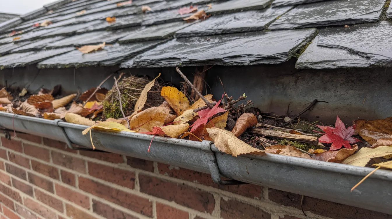 Recessed box gutter trough on a brick building with slate roof filled with autumn leaves and debris