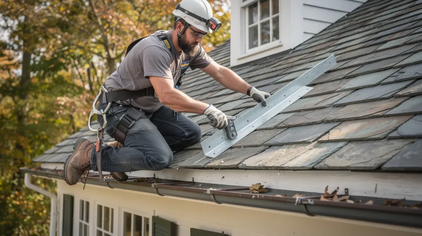 Illustration of a roofer in a safety harness on a slate roof holding a long metal gutter strap near the eave