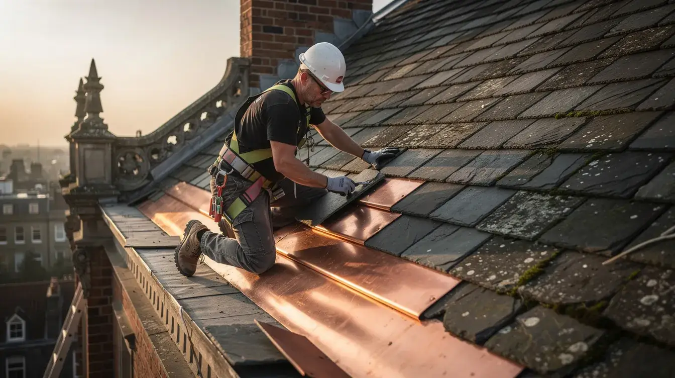 A roofer lifting slates at the eave of a steep historic roof to set copper flashing along the edge