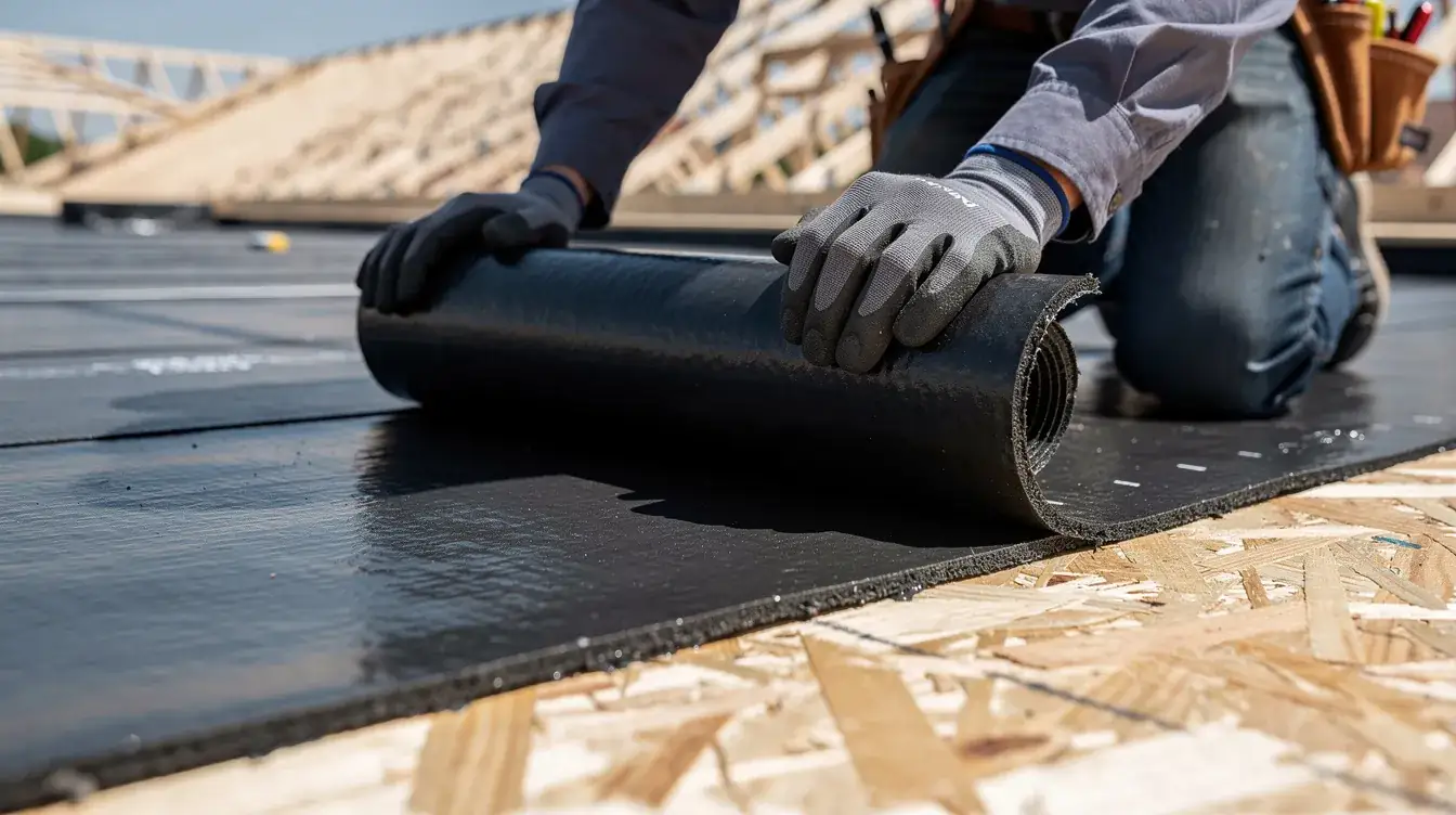 Roofer unrolling black ice and water shield membrane onto an OSB roof deck