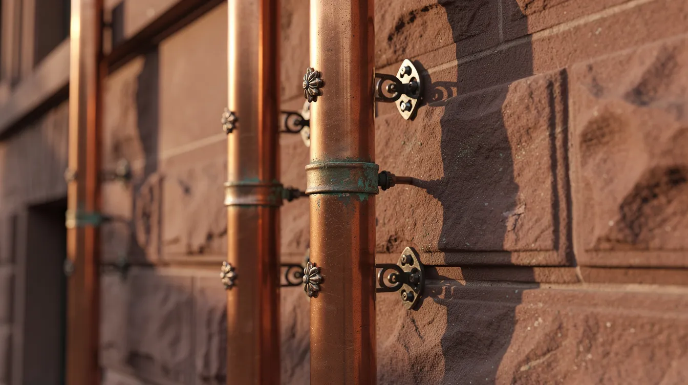 Round copper downspouts attached to a brownstone wall with decorative brackets