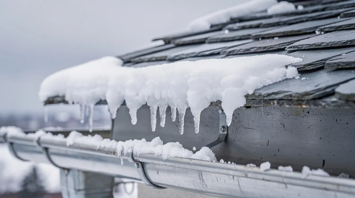 Snow and icicles hanging over the edge of a dark slate roof above a silver half round gutter on a gray winter day