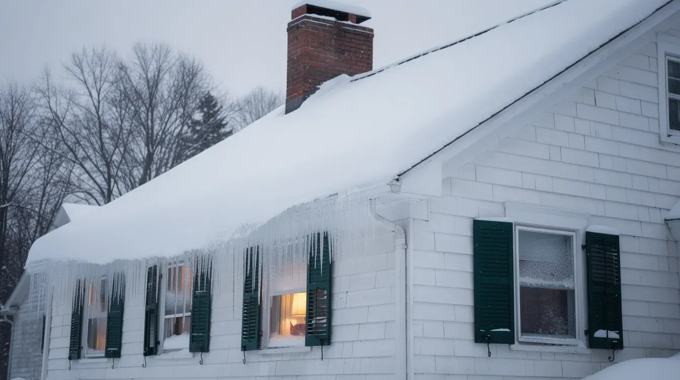 A deep layer of snow and a row of icicles along the eave of a white New England house