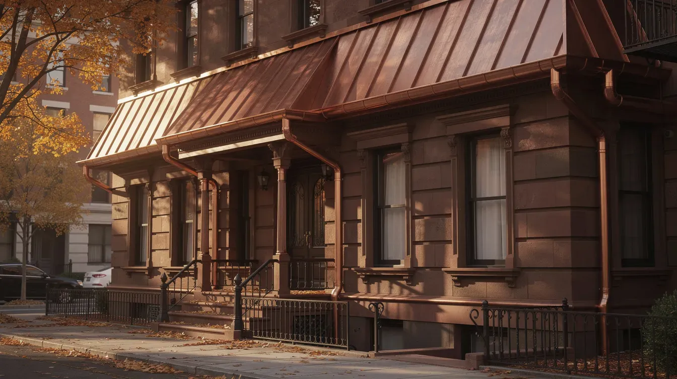 A standing seam copper porch roof and copper gutters over the front steps of a brownstone
