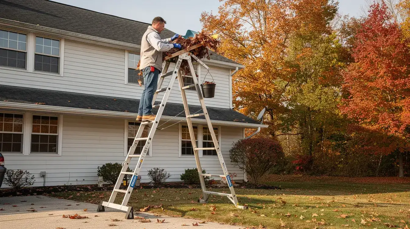 A man on a stepladder clearing wet leaves from the gutter of a two story house with white siding in autumn