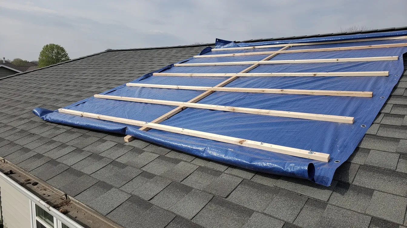 Blue heavy-duty tarp battened down with wood strips over a residential roof as a temporary roof repair against leaks