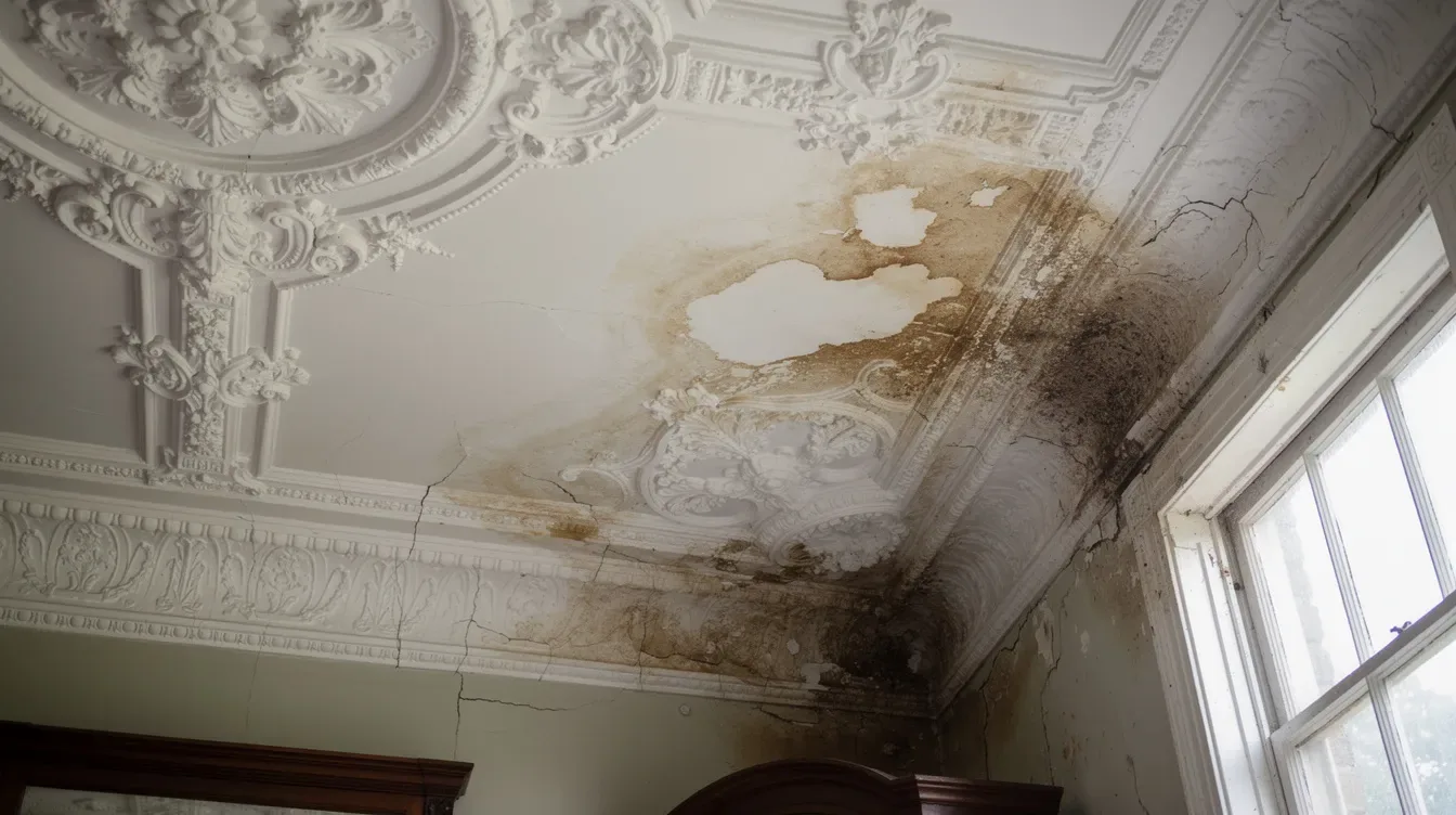 A water stained ornate plaster ceiling with peeling paint near a window in an older home