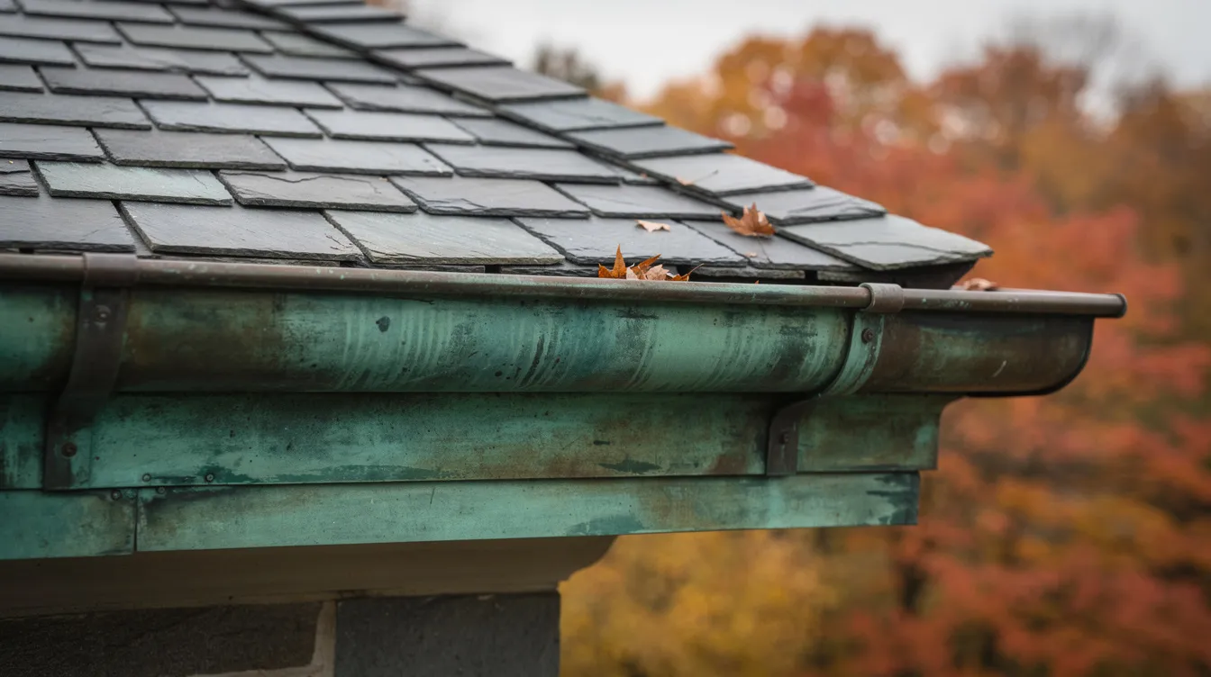 Weathered copper half round gutter below a slate roof with autumn leaves caught near the outlet